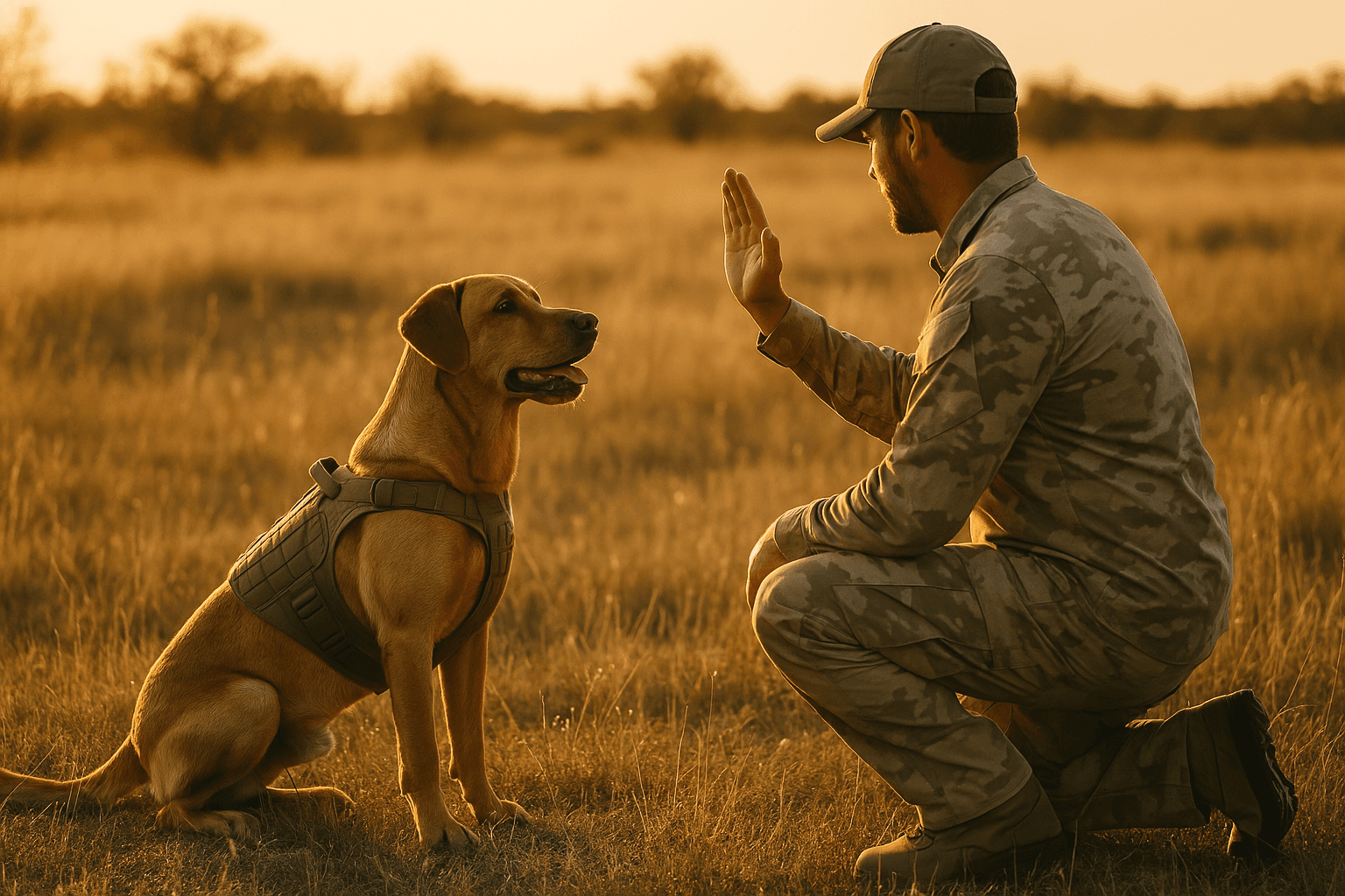 Dog training in a field with tactical gear