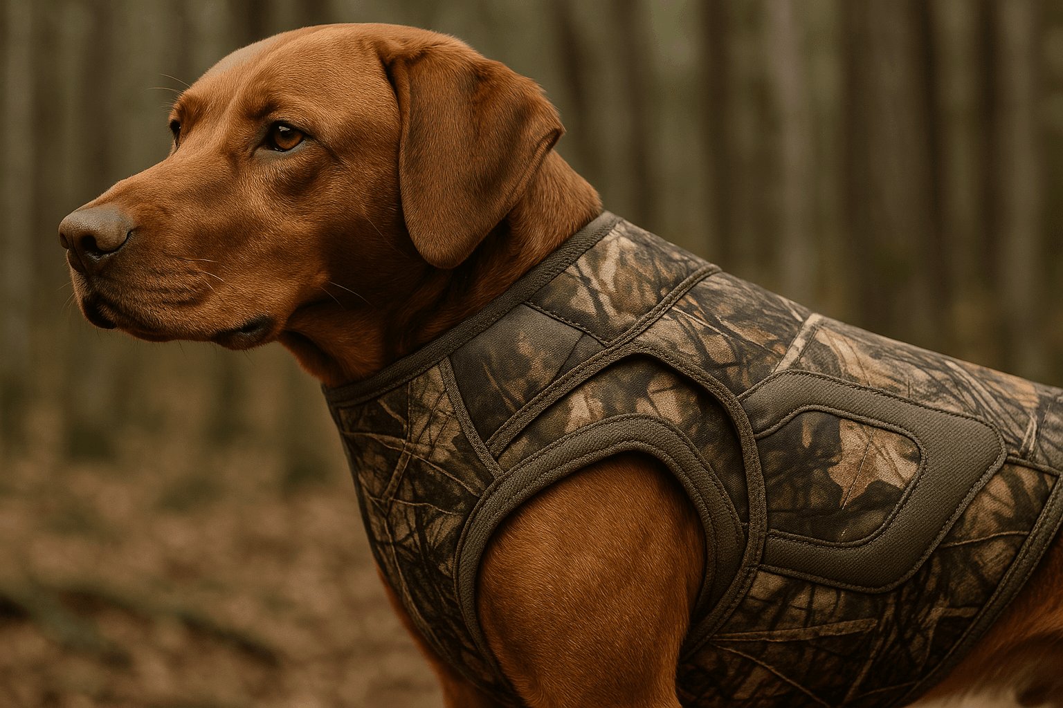 Dog wearing a protective hunting vest in tall grass