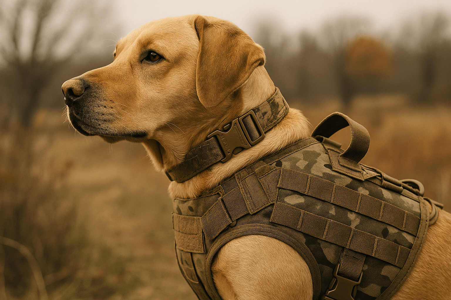 Hunting dog wearing tactical gear