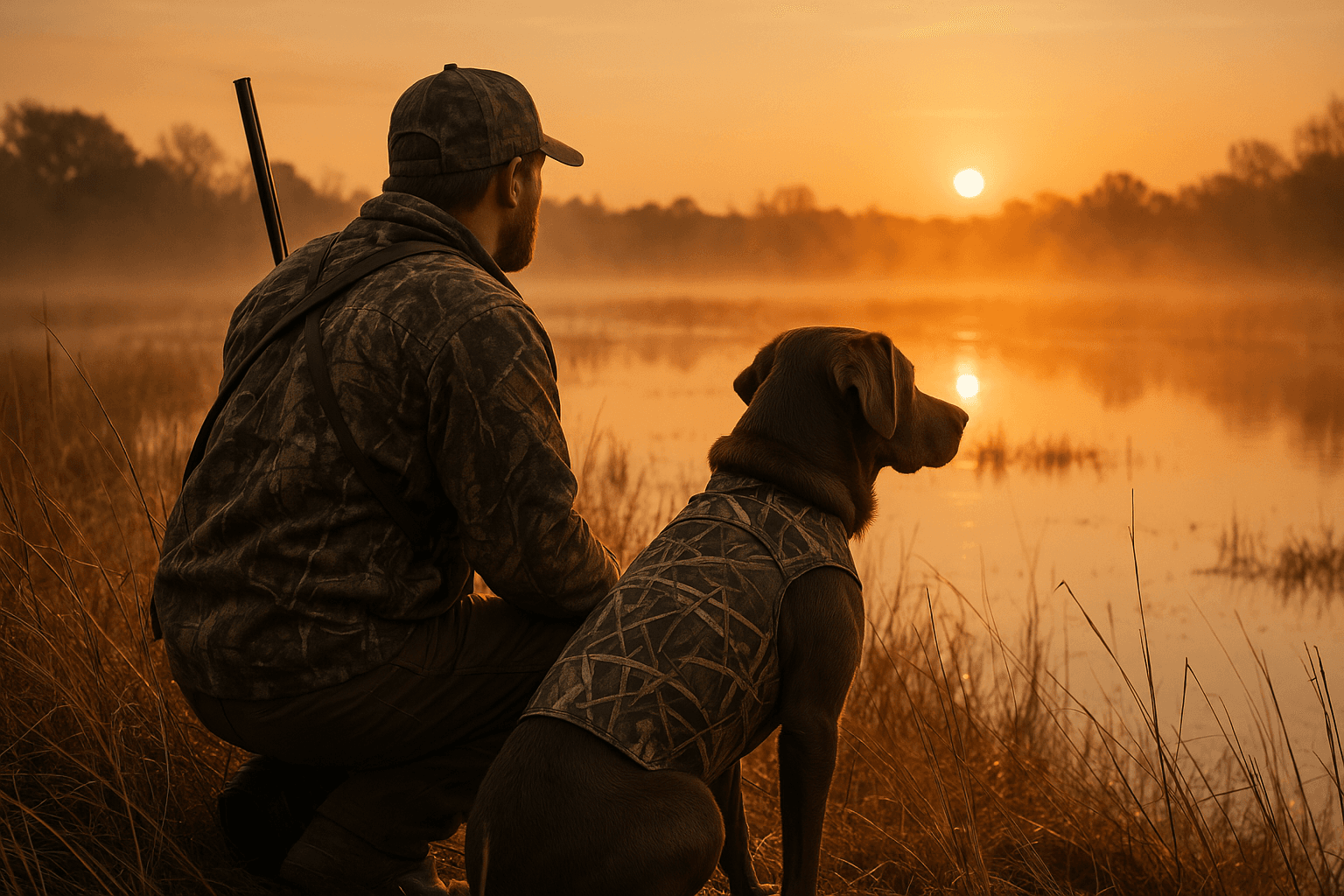 Hunter and dog in camouflage gear