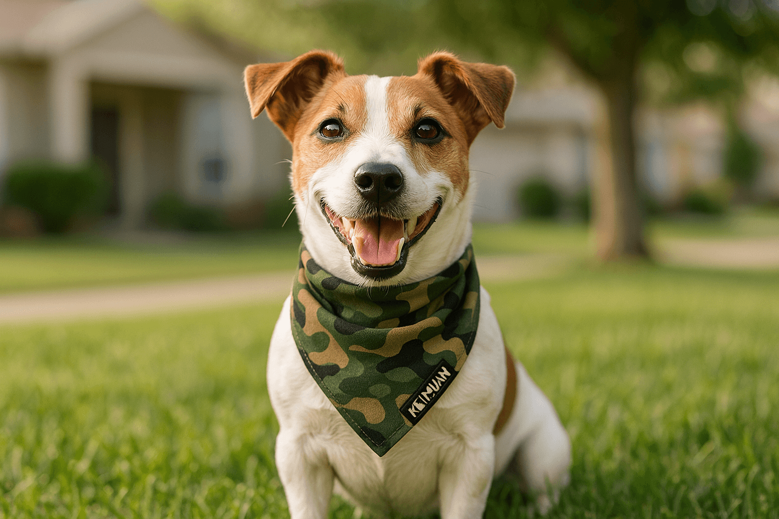 Happy dog wearing a KEIAHUAN camouflage bandana outdoors