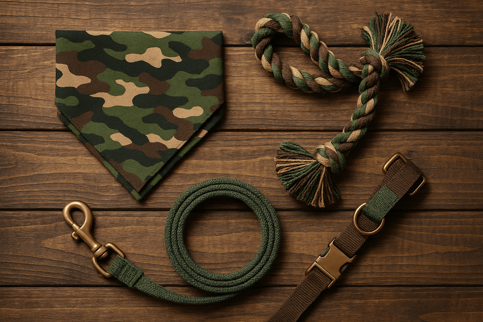 Flat lay of KEIAHUAN camo bandana with leash and toy