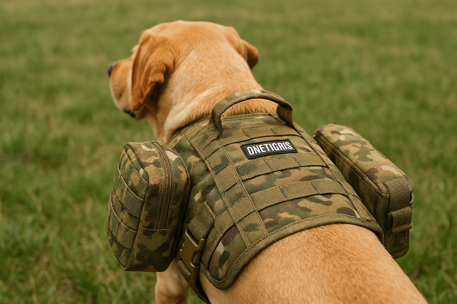 Over-the-shoulder view of Labrador wearing OneTigris harness with MOLLE pouches