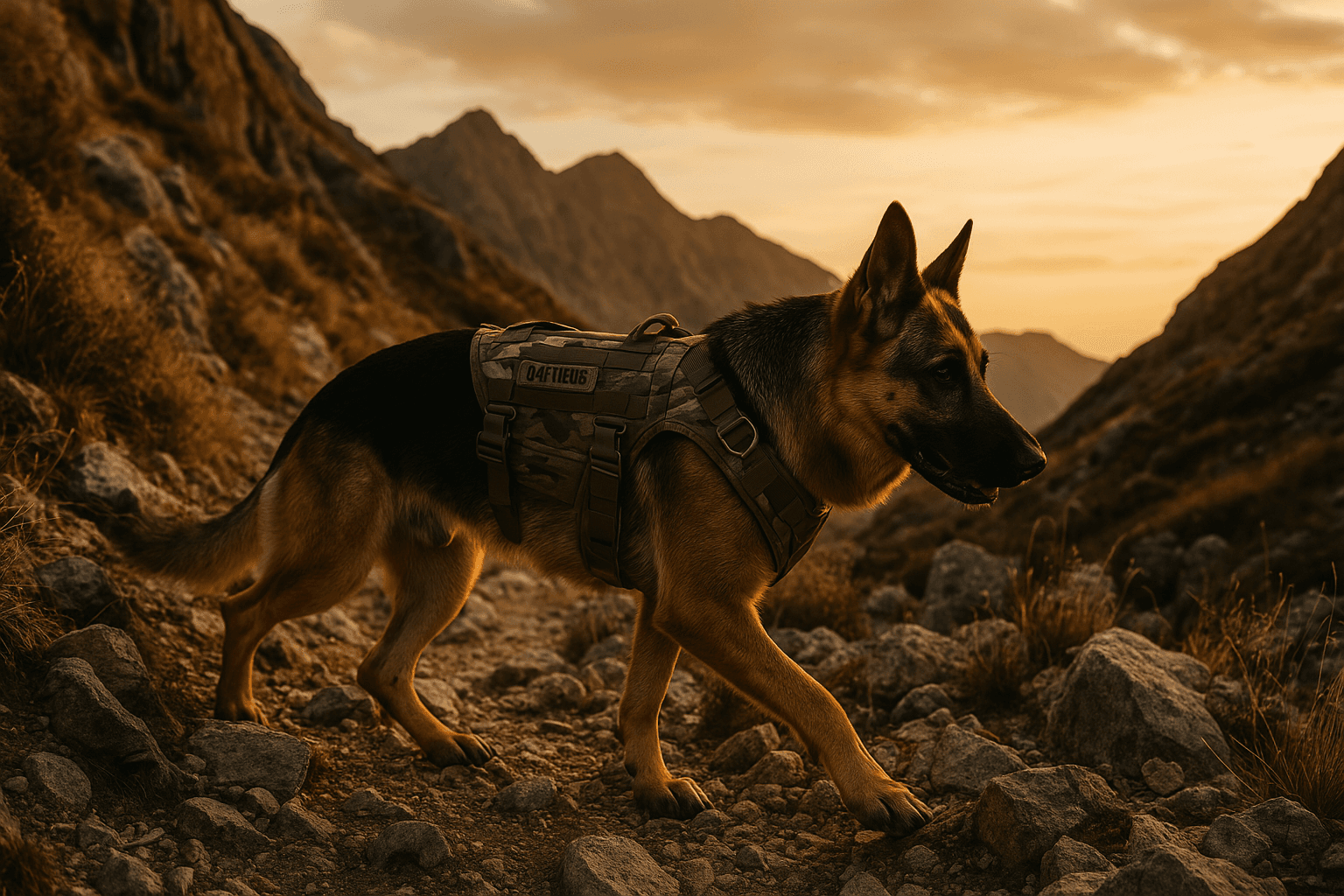 Dog wearing the OneTigris tactical harness on a hiking trail